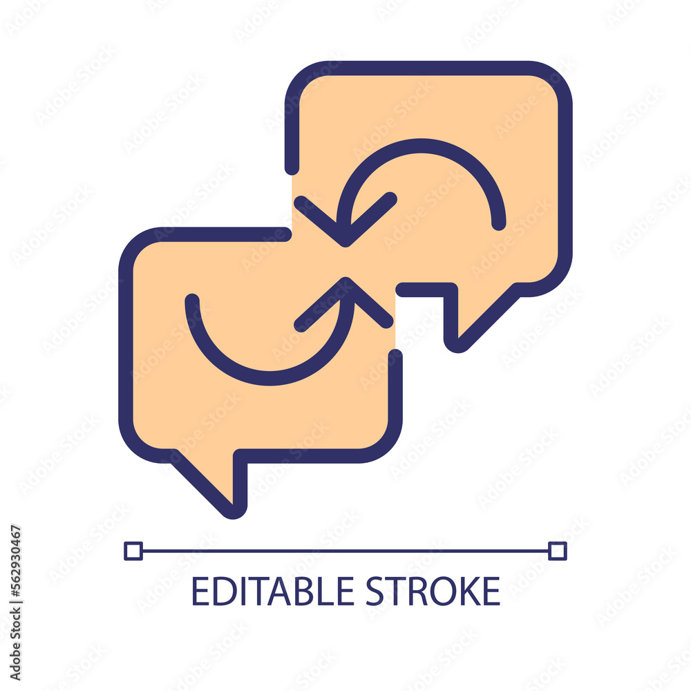 Poster Exchange opinions pixel perfect RGB color icon. Connected chat bubbles with arrows. Thoughts sharing via messages. Isolated vector illustration. Simple filled line drawing. Editable stroke