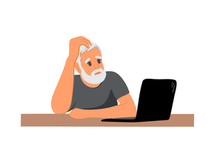 An elderly man with incomprehension sits at a computer. Flat vector illustration - obrazy, fototapety, plakaty