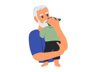 Obraz premium An elderly man holds a small child in his arms. Flat vector illustration