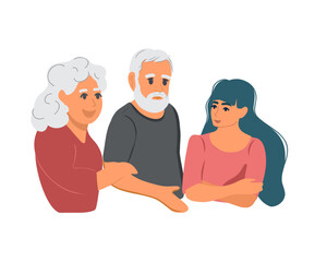 Fototapeta premium Elderly grandparents are talking to their young daughter or granddaughter. Flat vector illustration