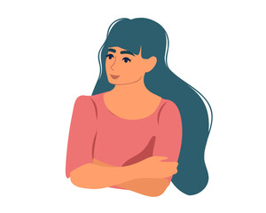 Portrait of a young woman with her hands folded. Flat vector illustration.