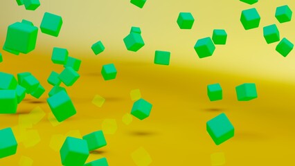 A set of many lime green cubes that are collapsing under colorful lighting background. Conceptual 3D CG of blockchain, financial system and personal data analysis.