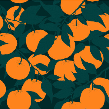 Orange tangerines with green branches and green leaves. Vector seamless pattern.
