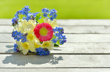 Spring flowers on green wooden table background. Bouquet of forget-me-not, daisy and primula.  - 562931216