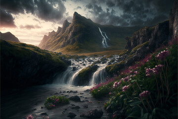 Landscape of Flower field, water fall and mountain. Generative AI.