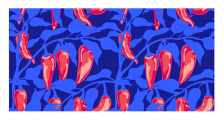Seamless pattern with red hot chile peppers on blue background. Vector illustration of chili peppers.