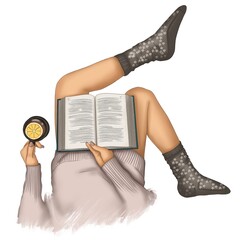 Girl With Coffee And Book Isolated On A White Background Hand Drawn Illustration	