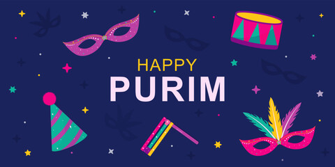 Happy Purim carnival.Vector greeting card for Purim holiday.Carnival mask.Jewish holiday.Jewish holiday Purim.Hamantaschen cookies.Vector flat illustration.Grager ratchet.Purim party elements.