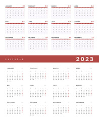 Set of 2023 Annual Calendar template. Vector layout of a wall or desk simple calendar with week start monday. Calendar design in black and white colors, holidays in red colors.