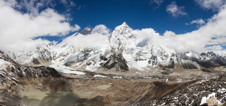 View of Mount Everest and Nuptse from Kala Patthar, Khumbu region, Himalaya Mountains, Nepal.