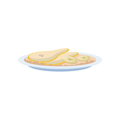 Oatmeal porridge with bananas and pears cartoon illustration. Plate of porridge with fruits. Food, grain, healthy lifestyle, nourishment concept
