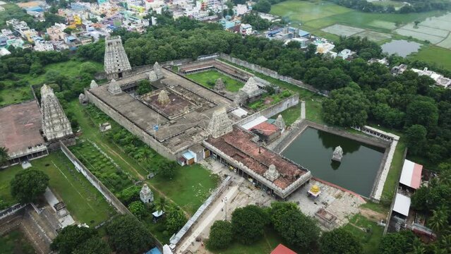 Bird's-eye view of Sri Kanchi Kamakshi Amman Temple in Kanchipuram, Tamil Nadu. Kamakshi Amman Temple with golden overlays over its gopurams.