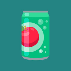 Soft drink with apple in aluminium can. Sweet apple soda, fizzy canned apple drink, sweet apple juice, tonic on white background cartoon illustration. Liquid, beverage concept