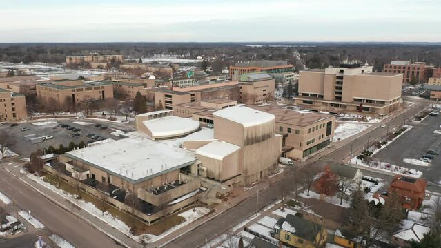 Aerial, University of Wisconsin Stevens Point campus during winter season
