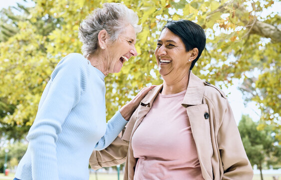 Senior Friends, Laughing Or Bonding In Nature Park, Public Garden Or Relax Environment In Retirement, Support Or Trust. Smile, Happy Or Diversity Elderly Women In Comic Joke, Funny Meme Or Emoji Face