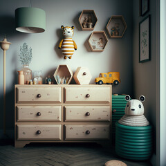 children's room in bee style, honeycomb, generative AI  - obrazy, fototapety, plakaty