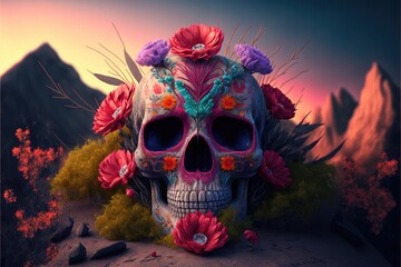 La Santa Muerte. Mexican Skull adorned with flowers. Calavera Grim Reaper - Floral sugar skull grim reaper. This image was created with generative AI