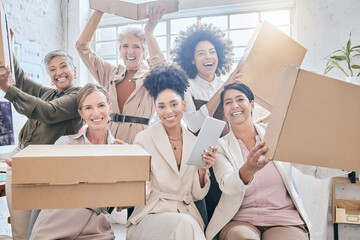 Shipping portrait, delivery box and happy people teamwork on retail package, stock product or sales...