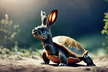 abstract hybrid animal a small turtle with a bunny rabbit ears looking and sniffing curiously and staying on the ground raised head with sun shining in back,generative AI - obrazy, fototapety, plakaty