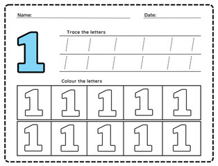 Trace and write number one. Handwriting practice. Learning numbers for kids. Education developing worksheet. Activity page. Vector illustration.