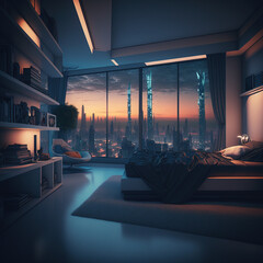 Interior design, bedroom with large window and view of the city at night, generative AI - obrazy, fototapety, plakaty