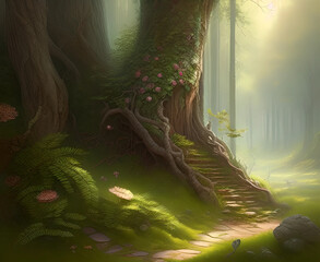 tree in the forest fantasy Ai generated
