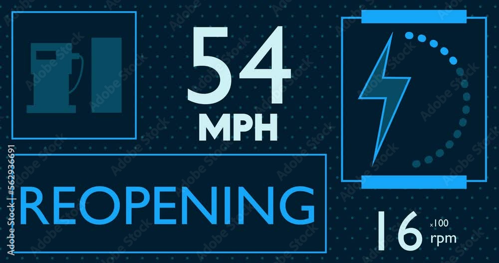 Poster hybrid car dashboard with reopening text. digital graphical user interface animation.