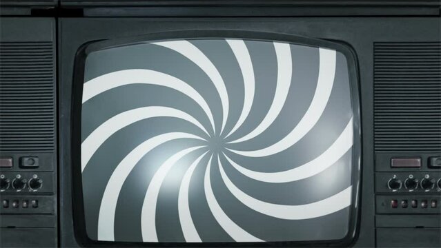 Set of retro TV. Hypnotic spiral on TV screens. Concept of influence of media on people. Broadcast, false information, hoax, propaganda, brainwashing, information and disinformation concept.