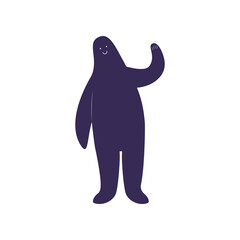 Obraz premium Strange creature standing and waving cartoon illustration. Dark blue figure of human or person on white background. Cute person standing. Abstract characters concept