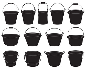 Black silhouettes of garden buckets on a white background - 562936858