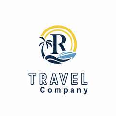 Initial R Letter With Coconut Palm Tree, Marine Ship, Sun Icon for Travel Guide Business Logo Idea Template