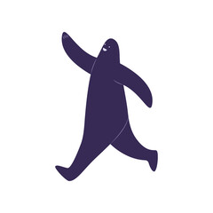 Strange creature walking cartoon illustration. Dark blue figure of human or person on white background. Cute person walking. Abstract characters concept