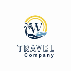 Initial W Letter With Coconut Palm Tree, Marine Ship, Sun Icon for Travel Guide Business Logo Idea Template