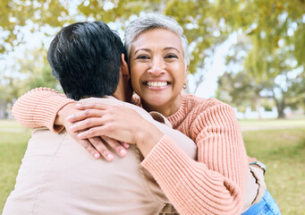 Senior women, retirement or portrait hug in nature park, grass garden and relax environment for support, love or trust. Smile, happy or couple of friends in embrace, bonding or birthday celebration