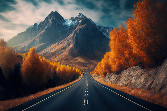 A beautiful road in the countryside with the peak of montain ahead in autumn winter season. Generative Ai image.