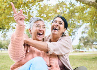 Senior women, pointing or laughing in nature park, grass garden or relax environment in comic joke...