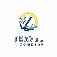 Initial Z Letter With Coconut Palm Tree, Marine Ship, Sun Icon for Travel Guide Business Logo Idea Template