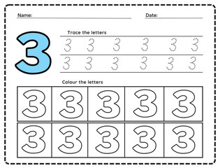 Trace and write number three. Handwriting practice. Learning numbers for kids. Education developing worksheet. Activity page. Vector illustration.