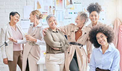 Teamwork, fashion and designer portrait of women in workshop for creative work. Group...
