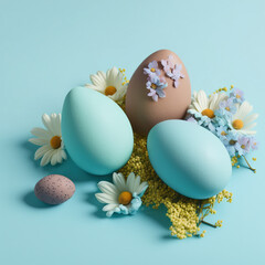 Happy Easter concept with easter eggs in nest and spring flowers. Easter background with copy space. Generative AI - obrazy, fototapety, plakaty