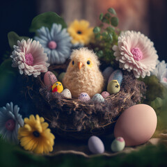Happy Easter. Cute easter chick with easter eggs. Generative AI - obrazy, fototapety, plakaty