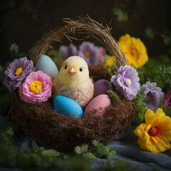 Happy Easter. Cute easter chick with easter eggs. Generative AI - obrazy, fototapety, plakaty