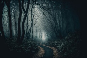 Obraz premium foggy forest with a trail and overreaching branches, generative ai composite