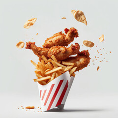 bucket explosion containing roast chicken and fries, generative AI - obrazy, fototapety, plakaty