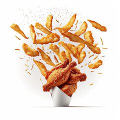 bucket explosion containing roast chicken and fries, generative AI