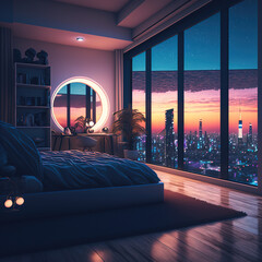 Interior design, bedroom with large window and view of the city at night, generative AI