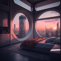 Interior design, bedroom with large window and view of the city at night, generative AI - obrazy, fototapety, plakaty