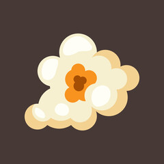 Piece of salty or sweet popcorn illustration. Salty or sweet snack from corn or souffle for watching movies isolated on brown background. Food, cinema concept