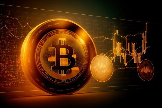 Bitcoins and New Virtual money concept. Gold bitcoins with graph chart and digital background Generative AI