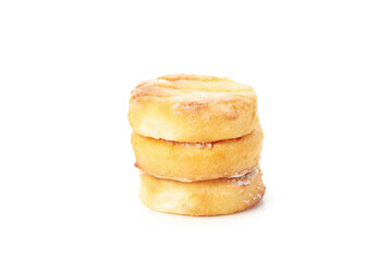 Concept of tasty sweet food, cheese pancakes, isolated on white background
